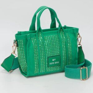 Green Rhinestone Mini Tote Crossbody Bag | Sparkly Canvas Zip Purse NEW
